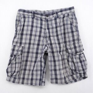 Reunion Plaid Cargo Shorts Men's 34 Blue White Cotton Y2K Utility